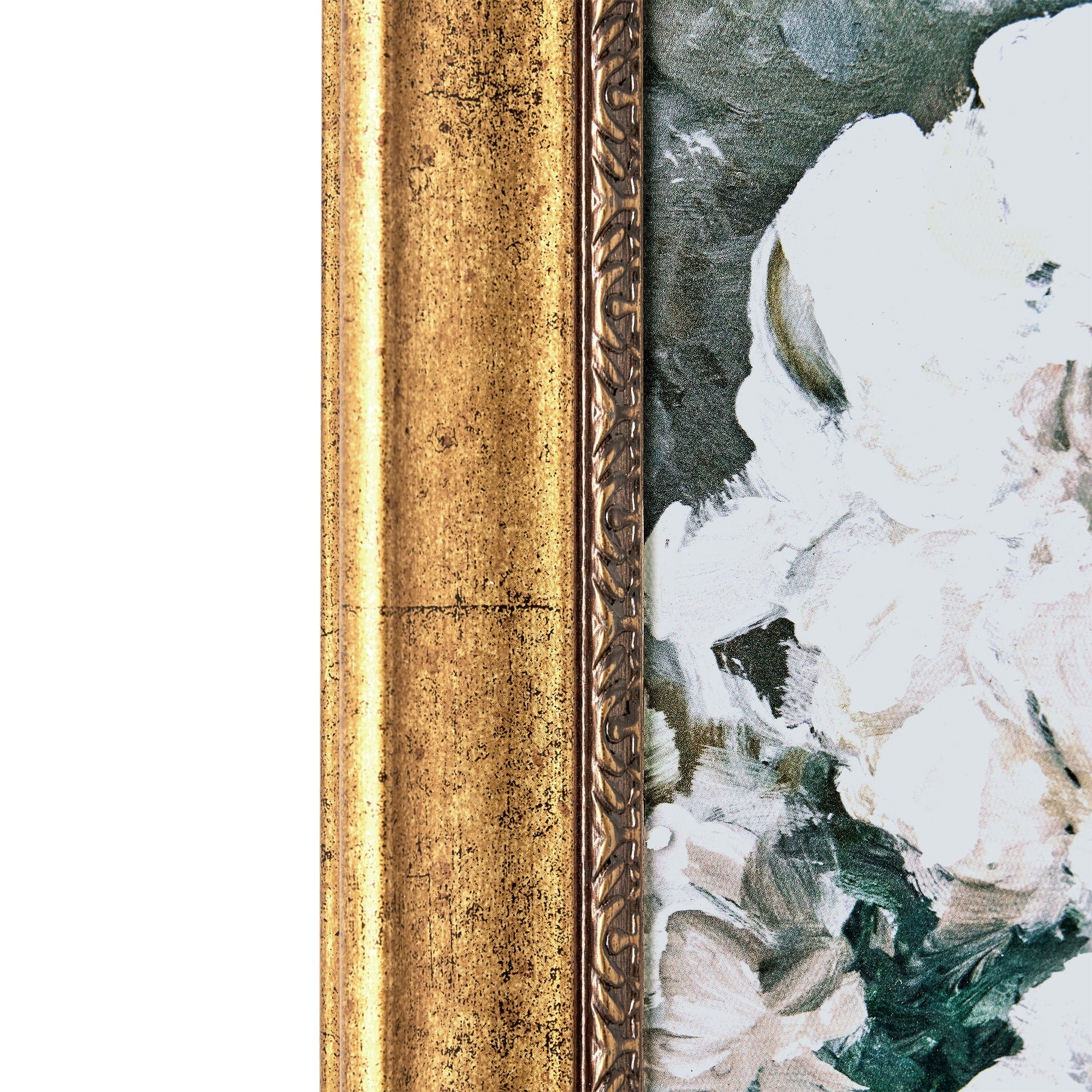 Beautiful Spring Beauty White Floral Wall Art – Brush Texture Print in Antique Gold Frame – Elegant Flower Art, 16x20