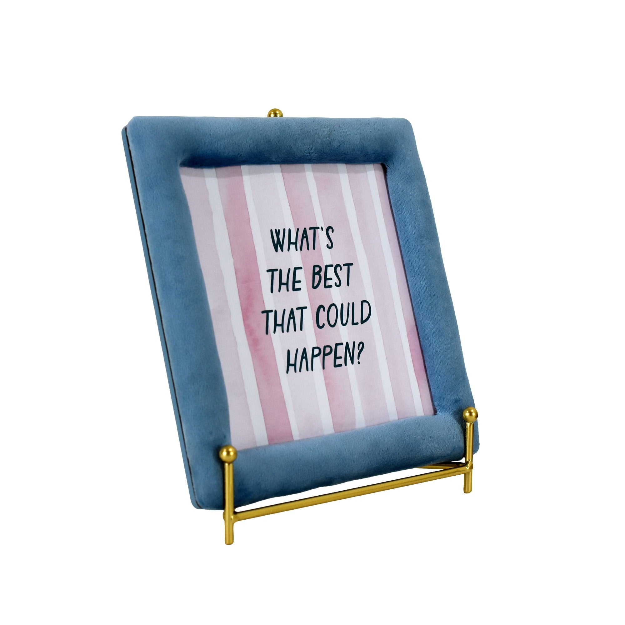 Beautiful "What's The Best That Could Happen?" Motivational Quote Velvet Blue Picture Frame on Gold Metal Easel – Square 7x7 Tabletop Inspirational Decor for Desk, Bedroom, Living Room
