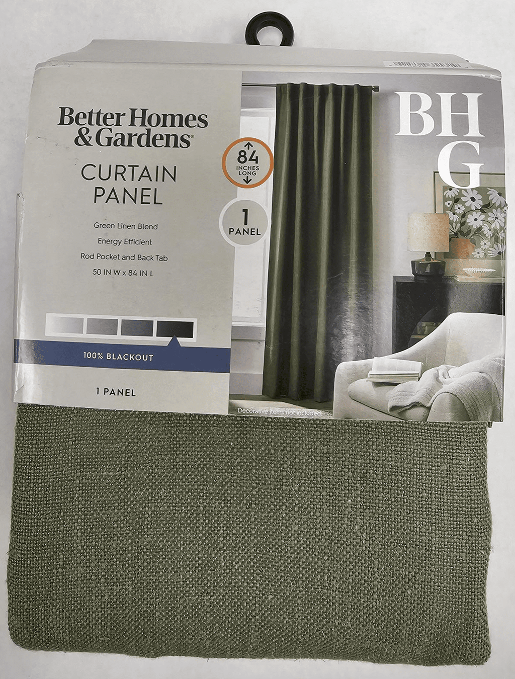 Better Homes & Gardens 100% Blackout Linen Blend Single Curtain, 50x84, Dark Cilantro