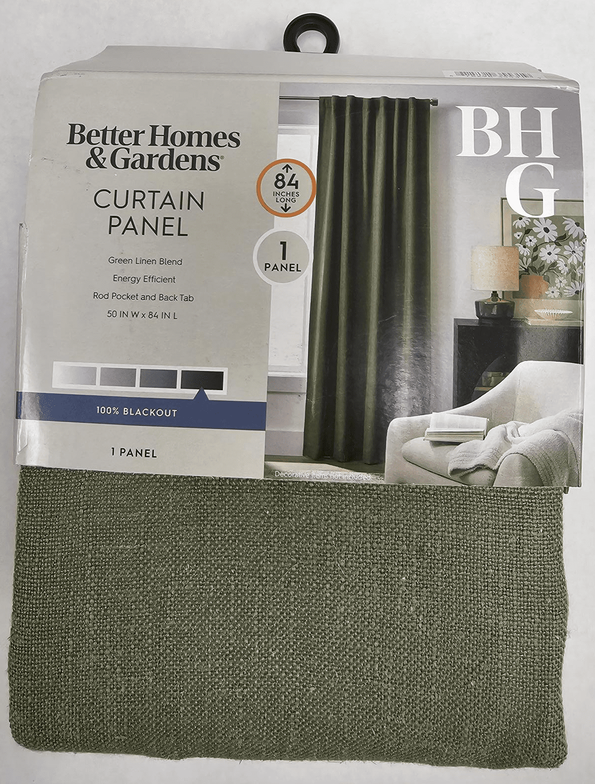 Better Homes & Gardens 100% Blackout Linen Blend Single Curtain, 50x84, Dark Cilantro