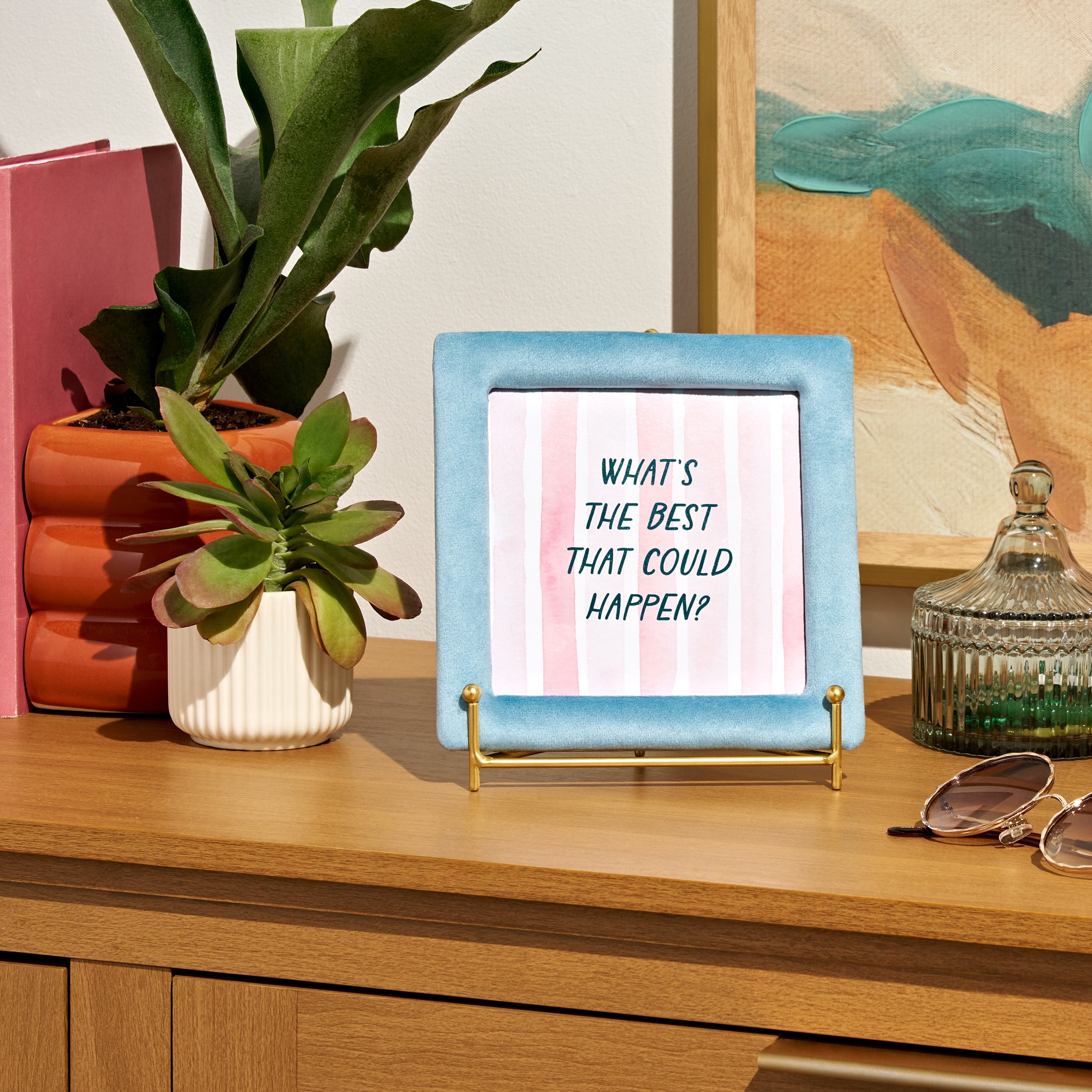 Beautiful "What's The Best That Could Happen?" Motivational Quote Velvet Blue Picture Frame on Gold Metal Easel – Square 7x7 Tabletop Inspirational Decor for Desk, Bedroom, Living Room