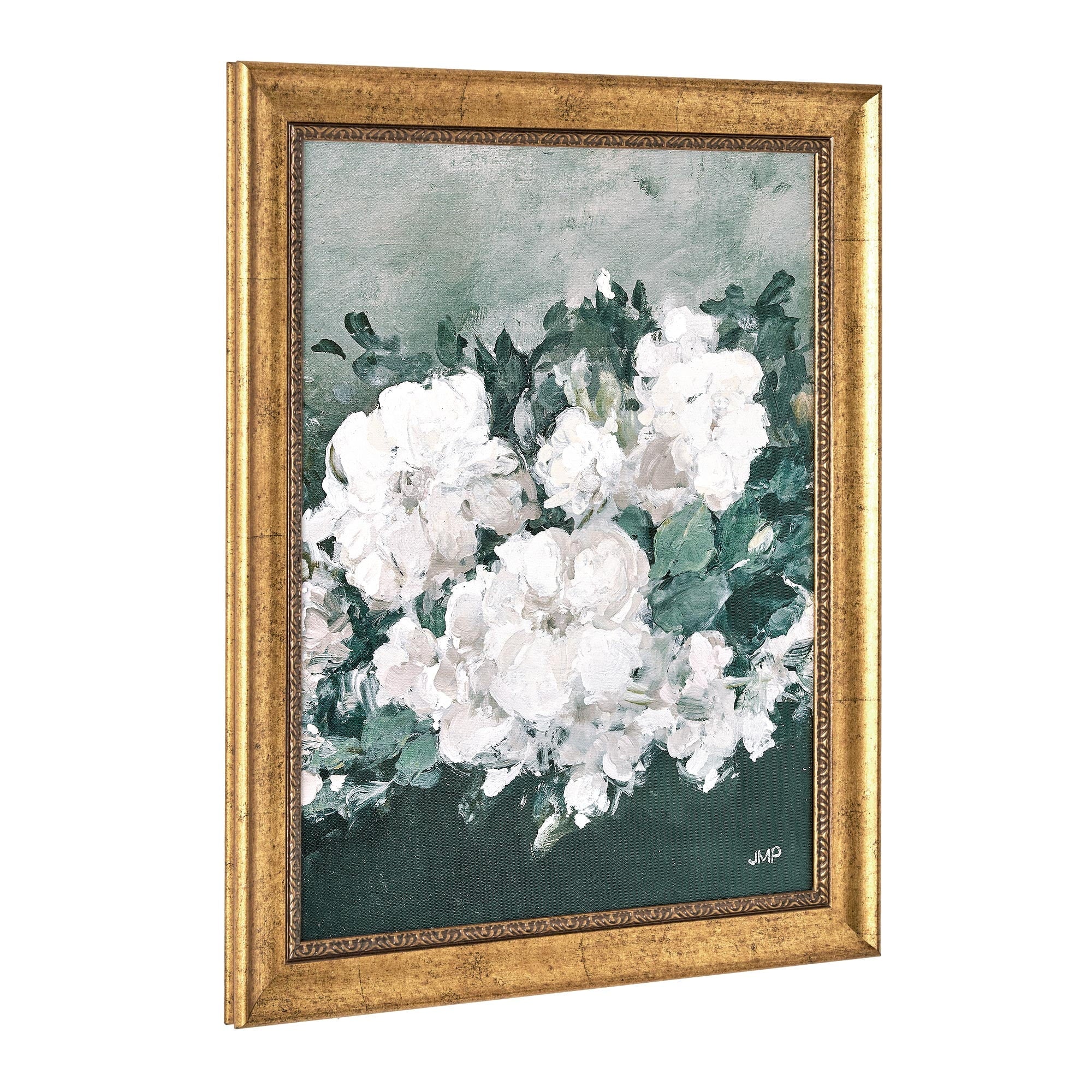 Beautiful Spring Beauty White Floral Wall Art – Brush Texture Print in Antique Gold Frame – Elegant Flower Art, 16x20