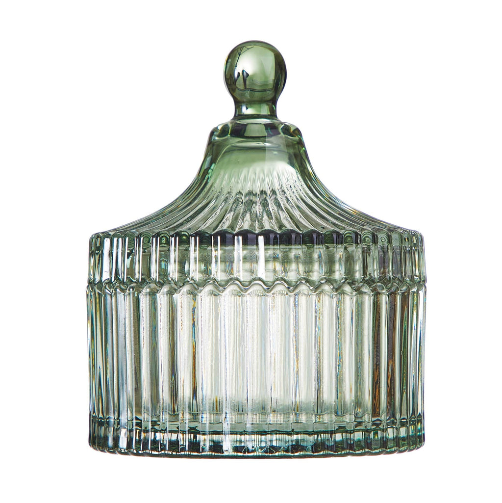 Beautiful Contemporary Sage Green Ribbed Glass Lidded Decorative Jar by Drew Barrymore, 4.02" L x 4.84" H