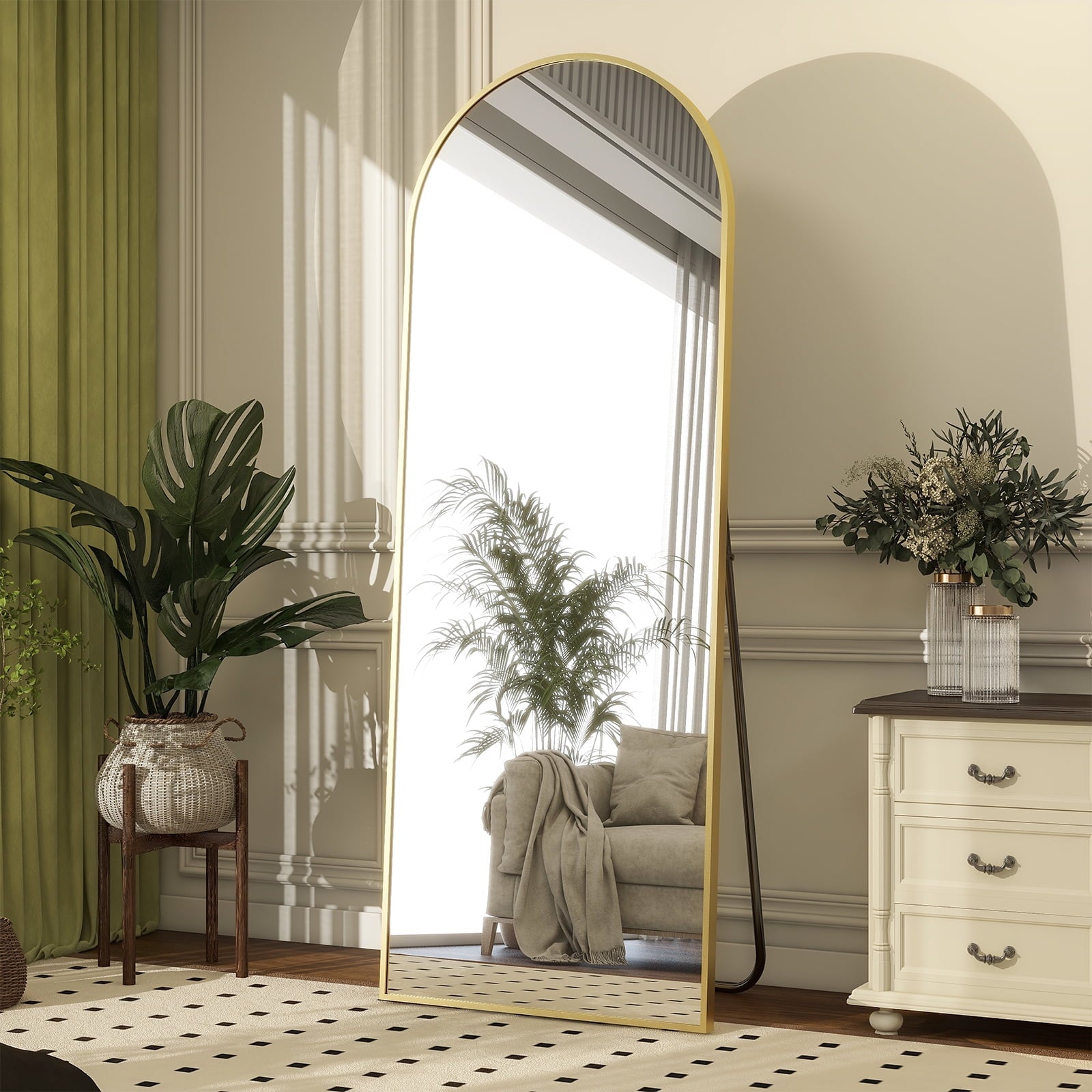 BEAUTYPEAK 64"x 21" Full Length Mirror Arched Standing Floor Mirror Full Body Mirror, Gold
