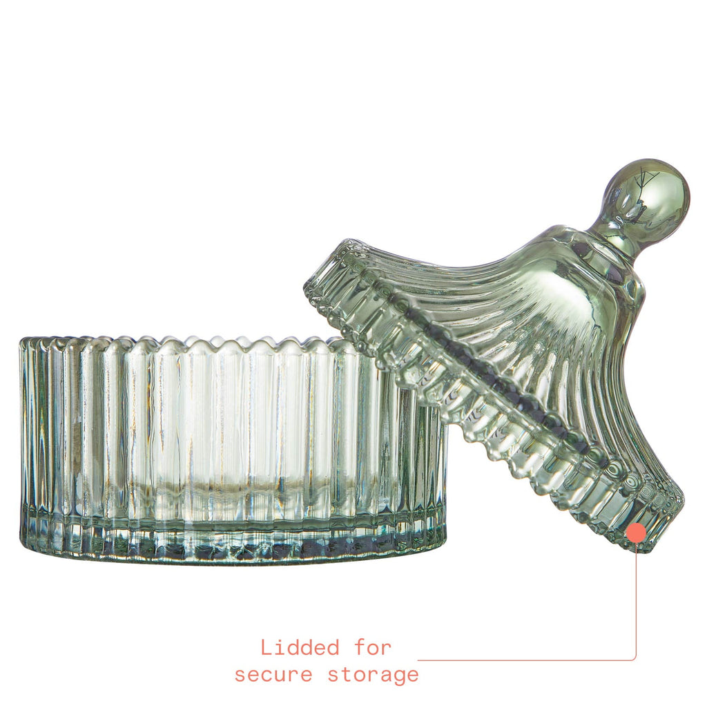 Beautiful Contemporary Sage Green Ribbed Glass Lidded Decorative Jar by Drew Barrymore, 4.02" L x 4.84" H