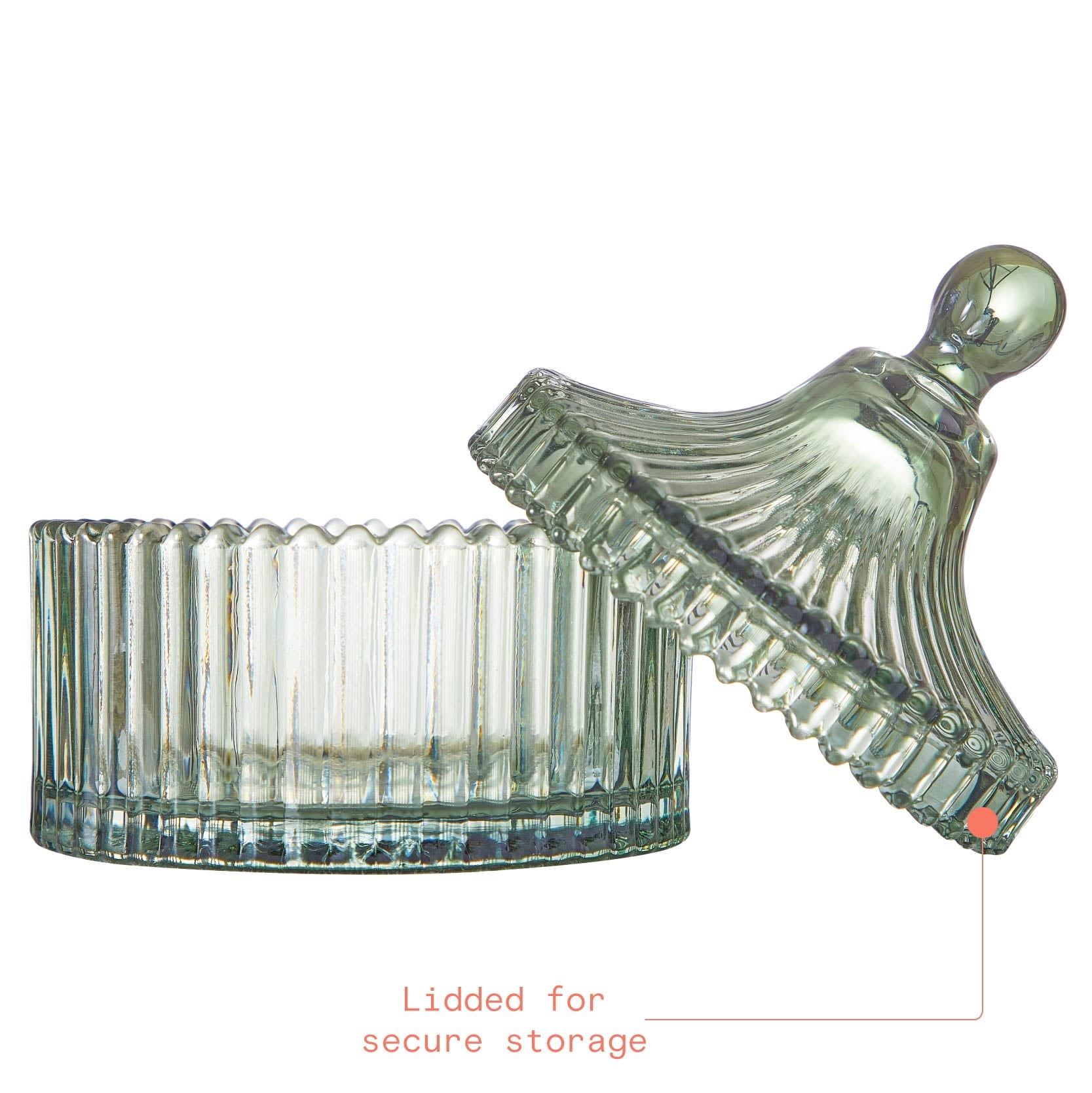 Beautiful Contemporary Sage Green Ribbed Glass Lidded Decorative Jar by Drew Barrymore, 4.02" L x 4.84" H