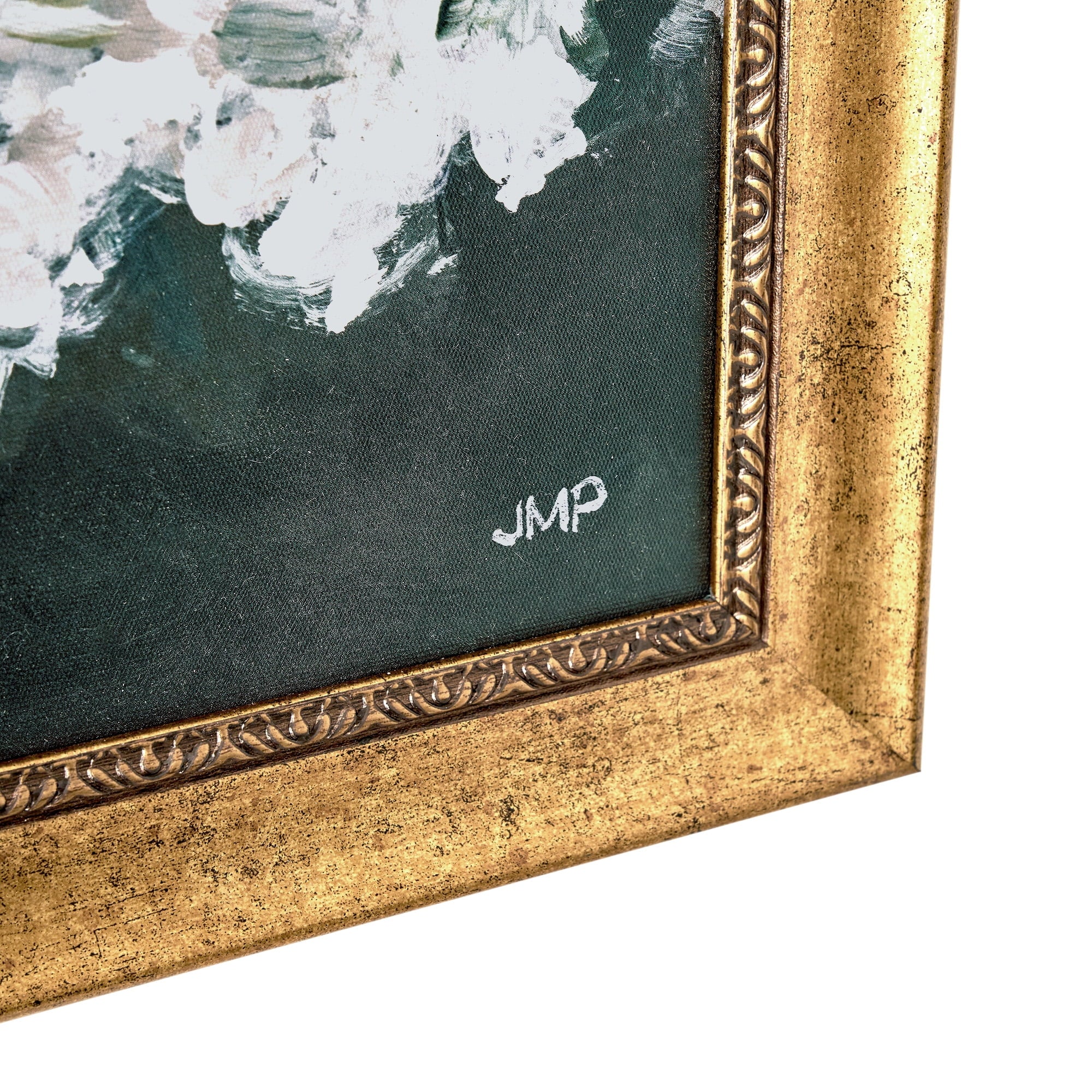 Beautiful Spring Beauty White Floral Wall Art – Brush Texture Print in Antique Gold Frame – Elegant Flower Art, 16x20